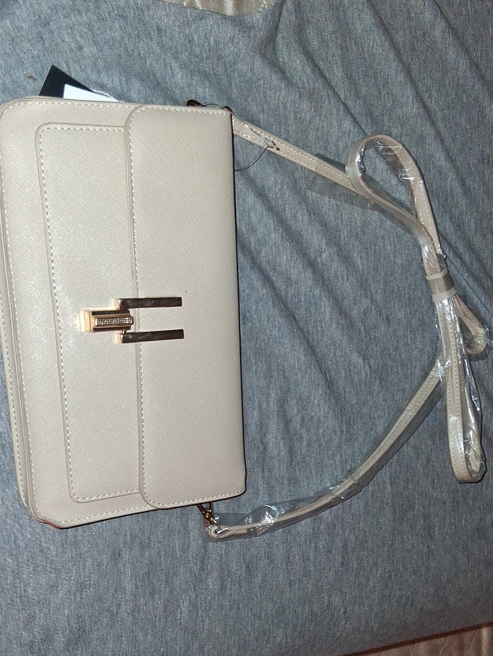 Beige Crossbody Bag with Gold-Tone Accent